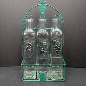 Four Piece Storage Set 13" Green Metal Rack and 3 Grapes Glass 10" Jars No Lids